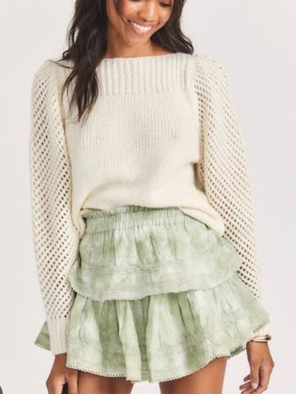 NEW LoveShackFancy Rosie Pullover Openwork Crew Sweater in Snow Baby Alpaca Sz L